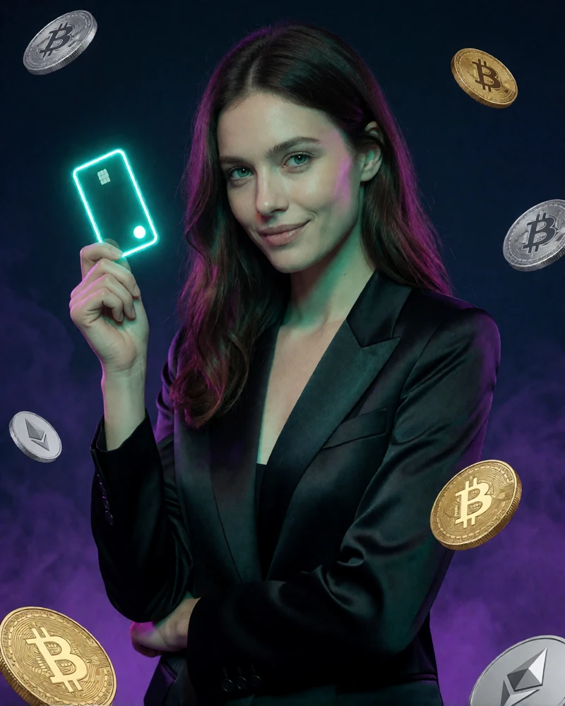 Stilvolles Model mit leuchtender Neon-Kreditkarte und schwebenden Krypto-M&uuml;nzen als Rainbet Bonus Motiv