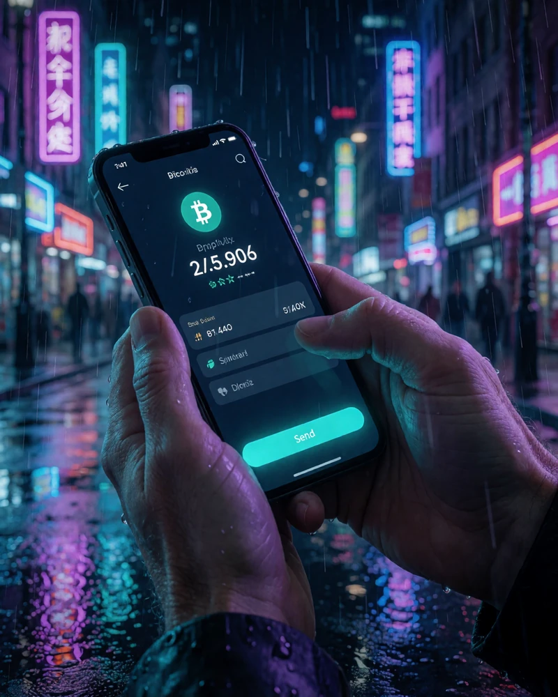 H&auml;nde halten Smartphone mit Krypto-Wallet-App f&uuml;r schnelle Einzahlung im Rainbet Bitcoin Casino