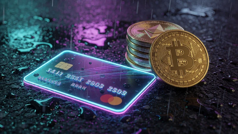 Leuchtende Neon-Kreditkarte neben goldenen Bitcoin- und Ethereum-M&uuml;nzen auf nassem Asphalt als Bonus-Motiv