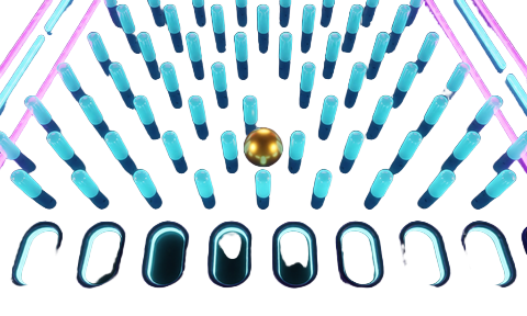 Neon-Plinko-Board mit cyan-violetten Pins und fallender goldener Kugel im Rainbet Casino