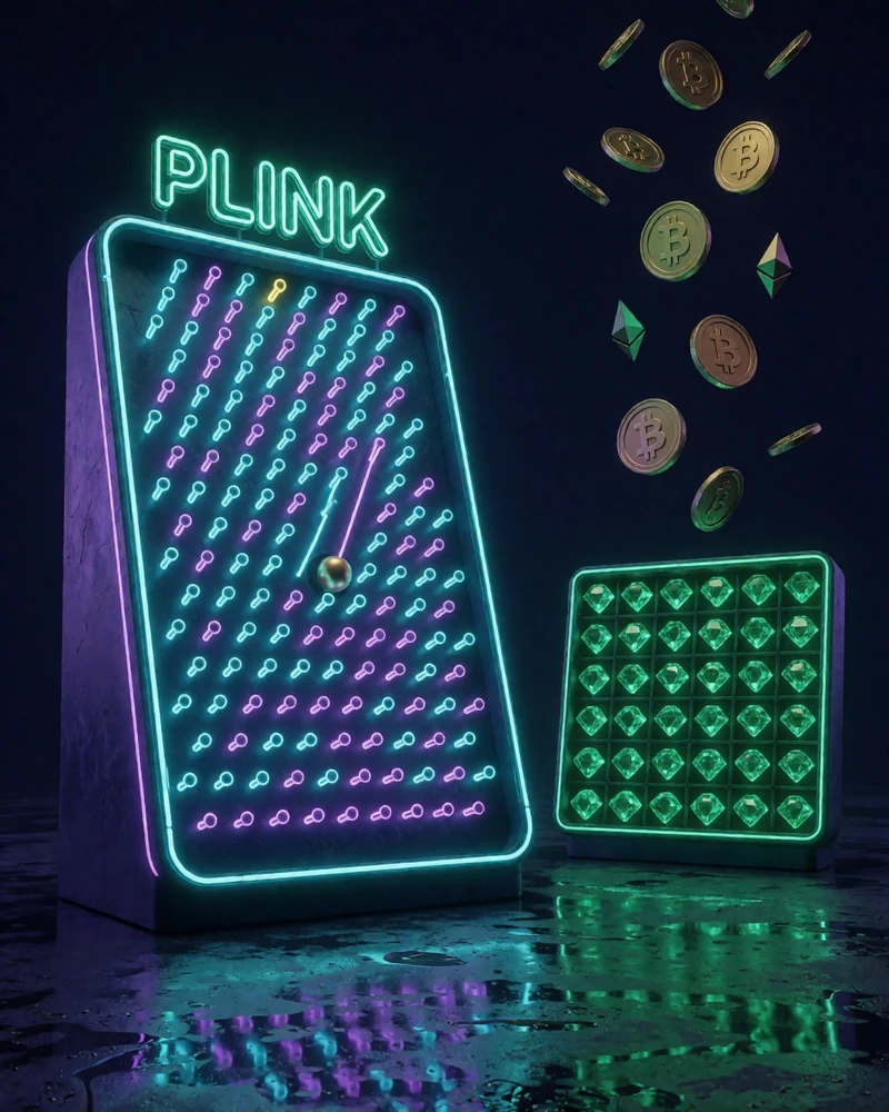 Neon-Plinko-Board und Mines-Raster mit herabfallenden Bitcoin- und Ethereum-M&uuml;nzen bei Rainbet