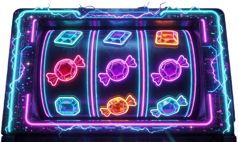 Neon-Cyberpunk-Slot mit leuchtenden S&uuml;&szlig;igkeiten- und Edelstein-Symbolen im Stil von Pragmatic Play