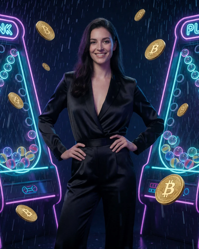 Stilvolles Model in Neon-Beleuchtung im Rainbet Casino mit schwebenden Bitcoin-M&uuml;nzen und Plinko-Kugeln