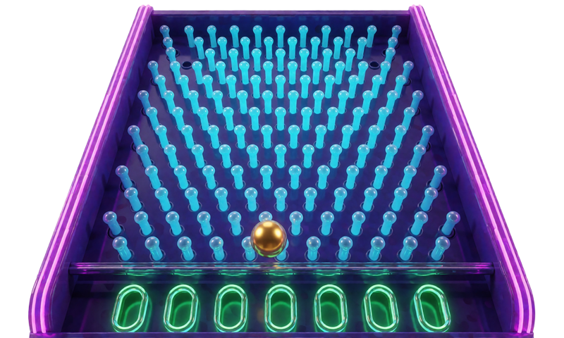 Neon-Plinko-Board mit cyan-violetten Pins und goldener Kugel &uuml;ber gr&uuml;nen Multiplikator-Feldern