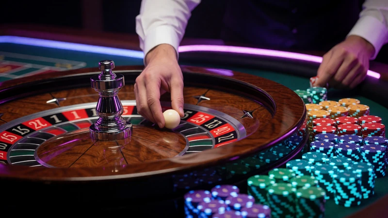 Live-Roulette-Tisch mit Dealer-H&auml;nden am Kessel und Neon-Beleuchtung im Rainbet Live Casino